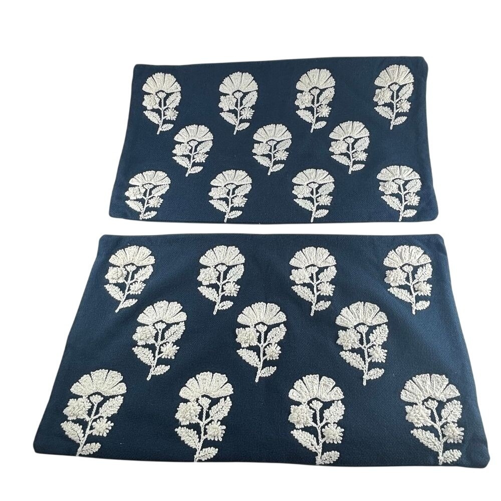 Pier‎ 1 Decorative Pillow Case Blue 13x12 Floral Embroidered Farmhouse Cottage